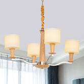 Lámpara de techo radial beige moderna - Accesorio colgante de madera de 4 cabezas con pantalla de vidrio color crema